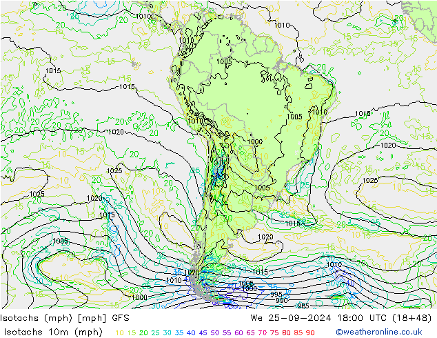 Isotachs (mph) GFS  25.09.2024 18 UTC