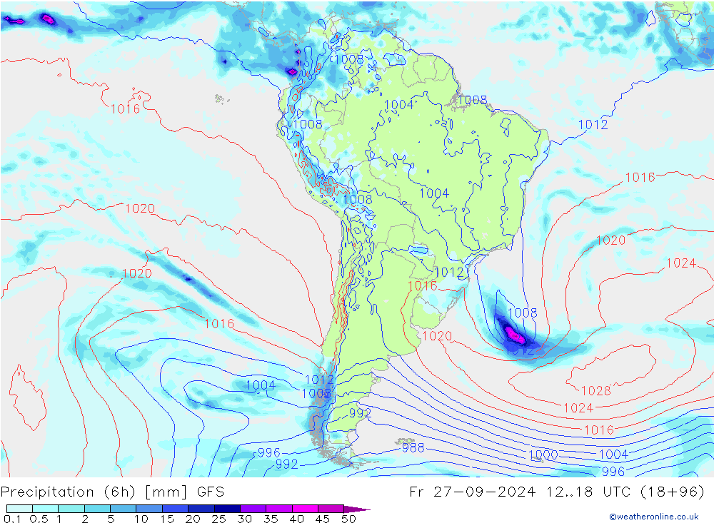 Z500/Rain (+SLP)/Z850 GFS ven 27.09.2024 18 UTC