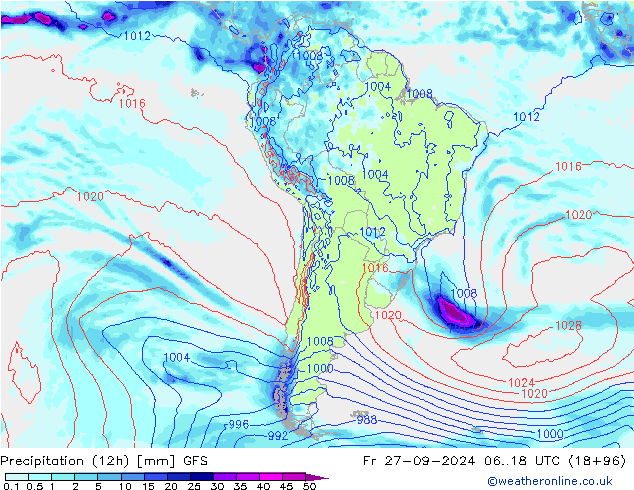 Totale neerslag (12h) GFS vr 27.09.2024 18 UTC