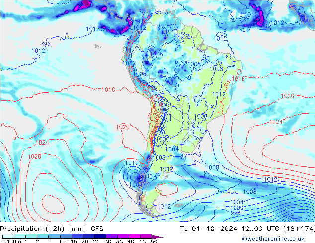 Precipitation (12h) GFS Tu 01.10.2024 00 UTC