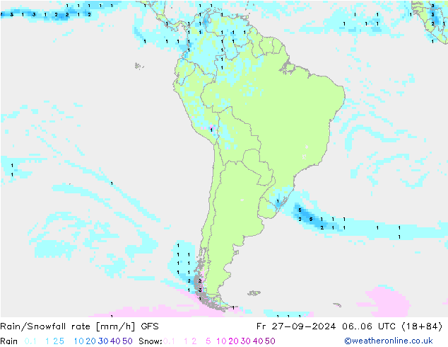 Rain/Snowfall rate GFS ven 27.09.2024 06 UTC