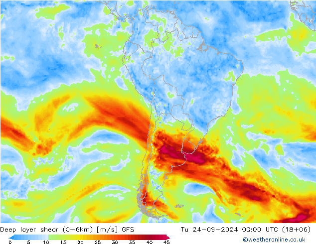 Deep layer shear (0-6km) GFS mar 24.09.2024 00 UTC