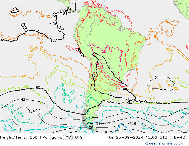 Géop./Temp. 850 hPa GFS mer 25.09.2024 12 UTC