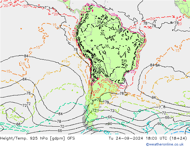 Height/Temp. 925 hPa GFS Ter 24.09.2024 18 UTC