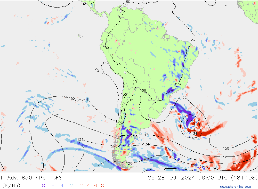 T-Adv. 850 hPa GFS sam 28.09.2024 06 UTC