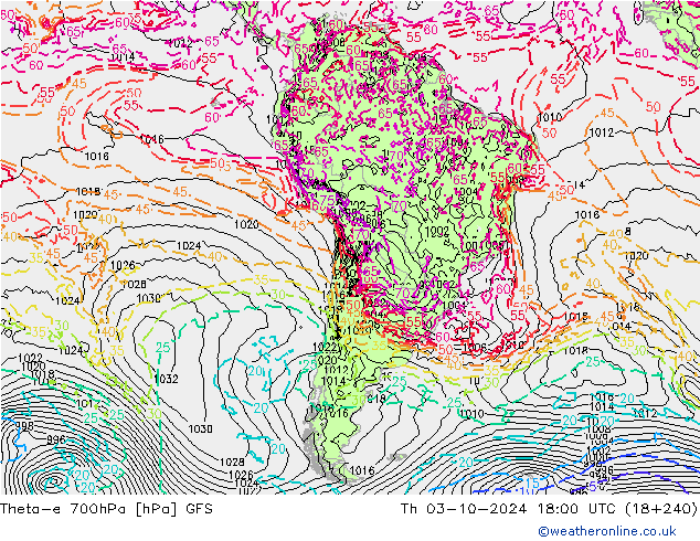 Theta-e 700hPa GFS Čt 03.10.2024 18 UTC