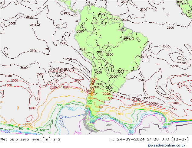 Wet bulb zero level GFS Tu 24.09.2024 21 UTC