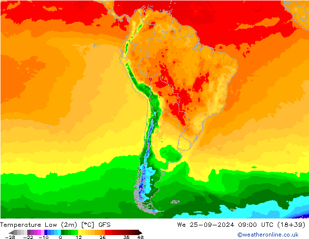 Temp. minima (2m) GFS mer 25.09.2024 09 UTC