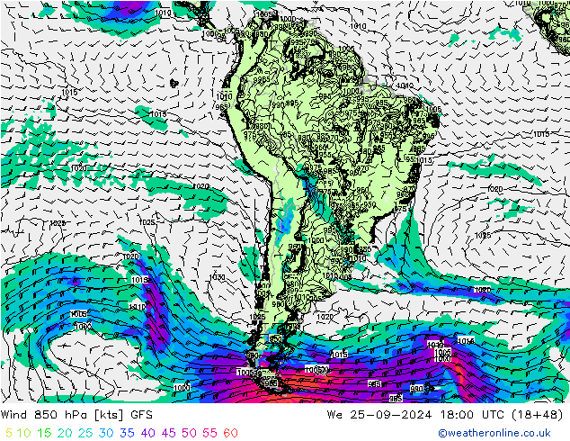 Wind 850 hPa GFS We 25.09.2024 18 UTC