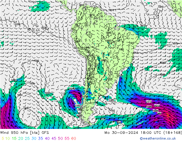 wiatr 950 hPa GFS pon. 30.09.2024 18 UTC