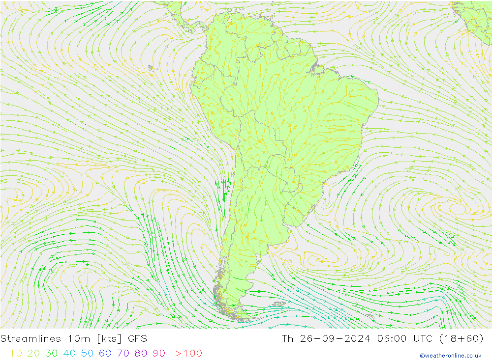 Linia prądu 10m GFS czw. 26.09.2024 06 UTC