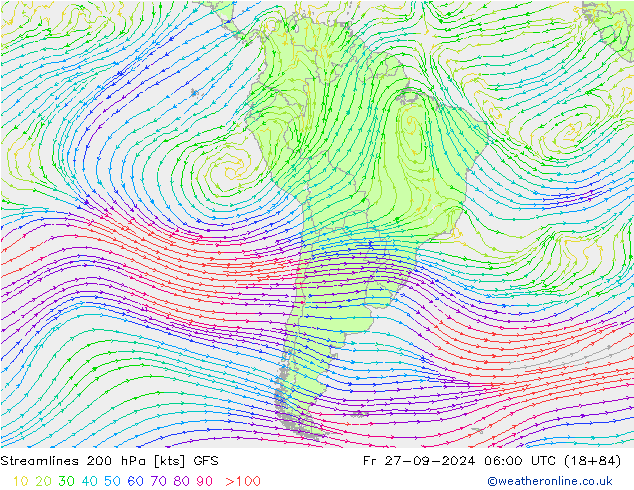 Linia prądu 200 hPa GFS pt. 27.09.2024 06 UTC