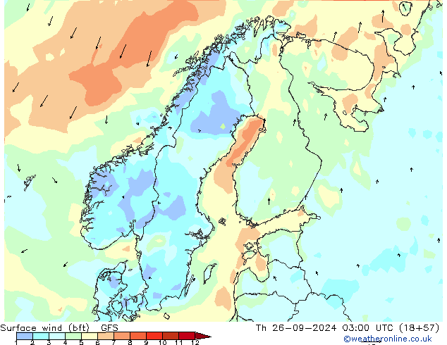  10 m (bft) GFS  26.09.2024 03 UTC