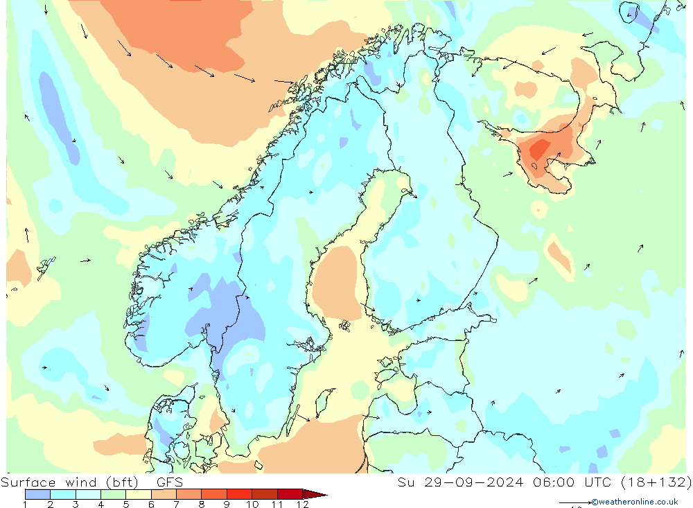 Viento 10 m (bft) GFS dom 29.09.2024 06 UTC