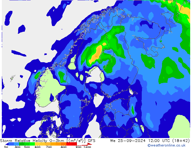 Storm Relative Helicity GFS ср 25.09.2024 12 UTC