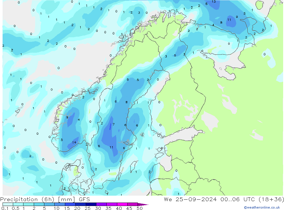 Precipitation (6h) GFS We 25.09.2024 06 UTC