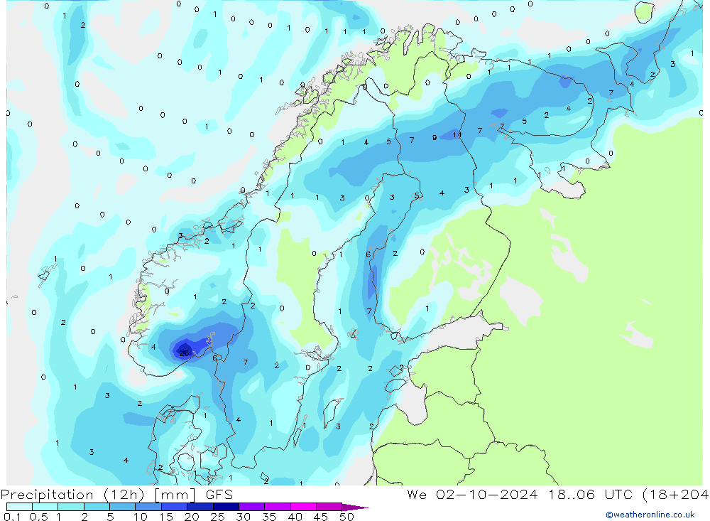 Precipitation (12h) GFS We 02.10.2024 06 UTC