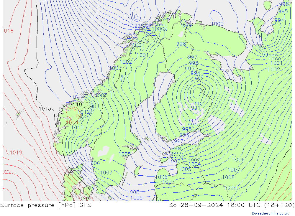 Surface pressure GFS Sa 28.09.2024 18 UTC