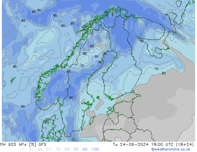 RH 925 hPa GFS Tu 24.09.2024 18 UTC