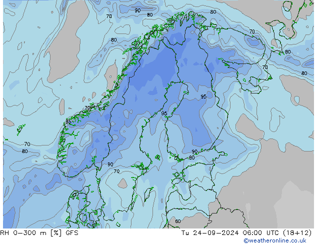 Humidité rel. 0-300 m GFS mar 24.09.2024 06 UTC