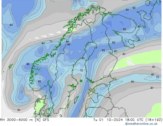 RH 3000-6000 m GFS wto. 01.10.2024 18 UTC