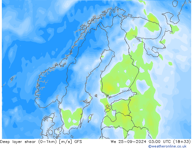 Deep layer shear (0-1km) GFS śro. 25.09.2024 03 UTC