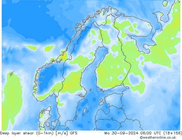 Deep layer shear (0-1km) GFS Mo 30.09.2024 06 UTC