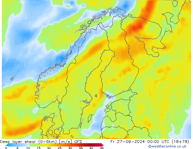 Deep layer shear (0-6km) GFS  27.09.2024 00 UTC