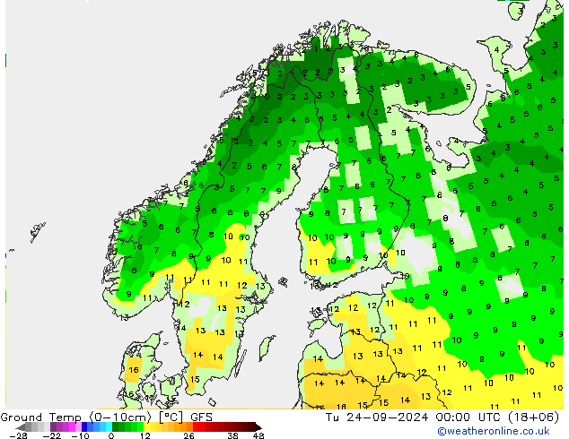 Ground Temp (0-10cm) GFS Tu 24.09.2024 00 UTC