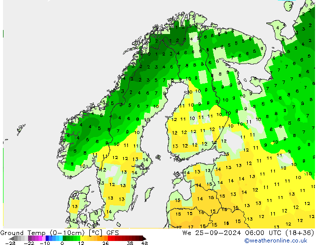 Temp. gruntu (0-10cm) GFS śro. 25.09.2024 06 UTC