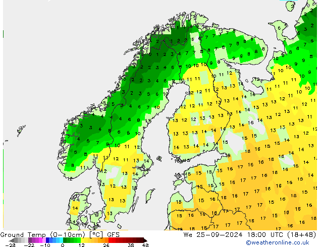 Temp. al suolo (0-10cm) GFS mer 25.09.2024 18 UTC