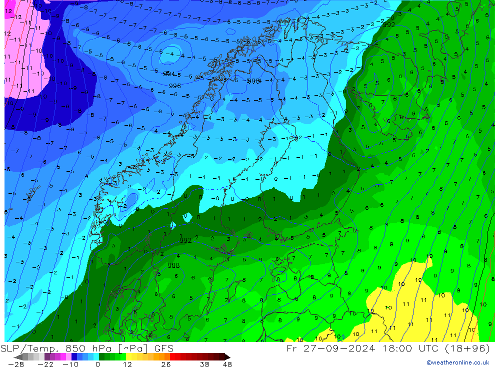 SLP/Temp. 850 hPa GFS Fr 27.09.2024 18 UTC