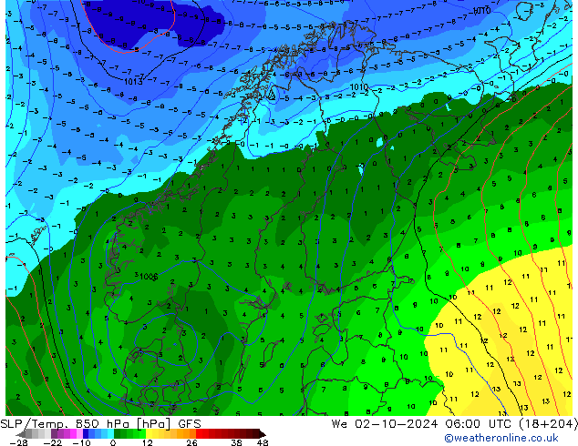 SLP/Temp. 850 hPa GFS We 02.10.2024 06 UTC