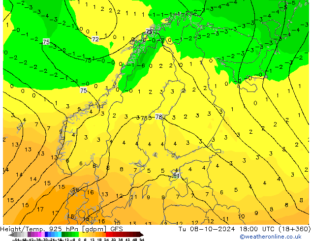 Height/Temp. 925 hPa GFS Ter 08.10.2024 18 UTC