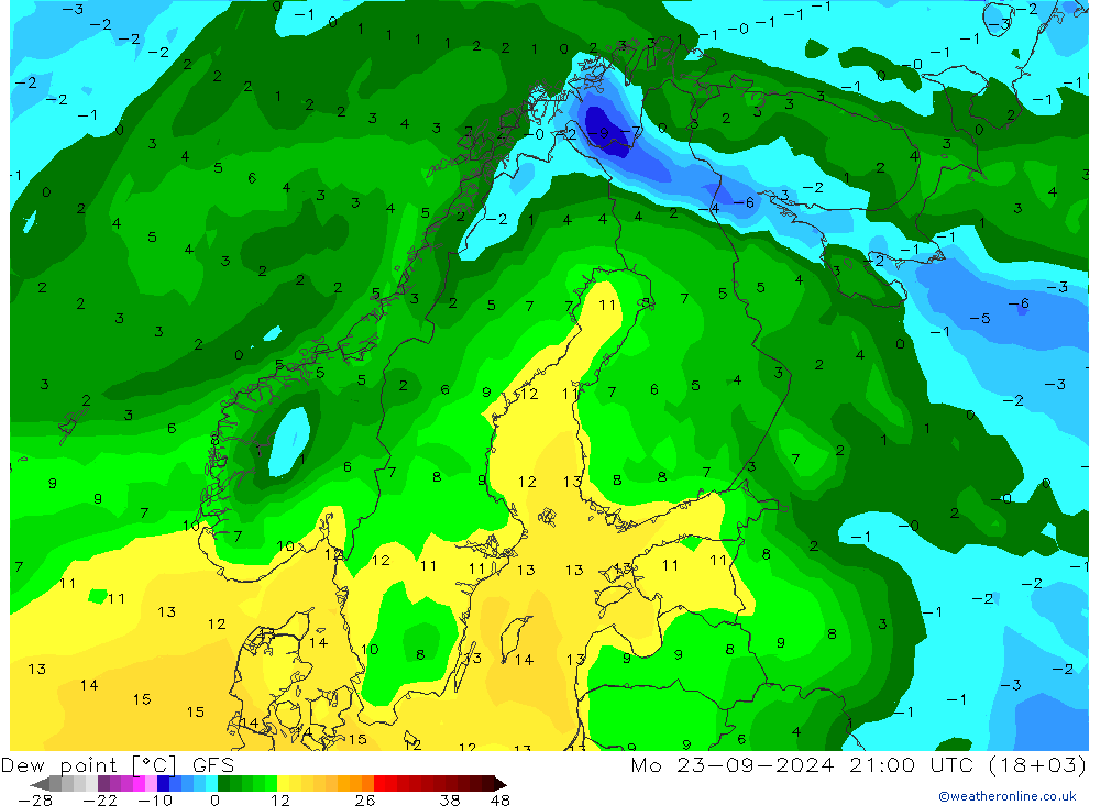 Dew point GFS Mo 23.09.2024 21 UTC