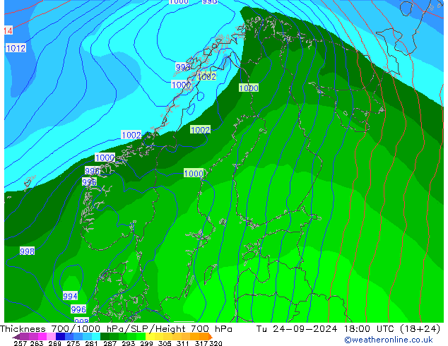 Thck 700-1000 hPa GFS mar 24.09.2024 18 UTC