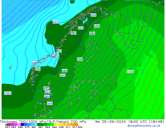 Thck 700-1000 hPa GFS Qua 25.09.2024 18 UTC