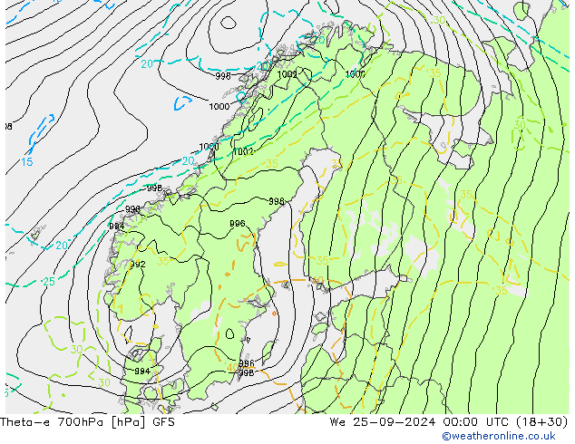 Theta-e 700hPa GFS We 25.09.2024 00 UTC