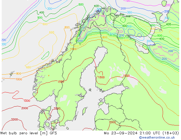 Wet bulb zero level GFS Mo 23.09.2024 21 UTC