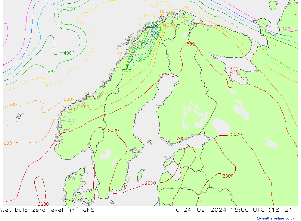 Wet bulb zero level GFS вт 24.09.2024 15 UTC