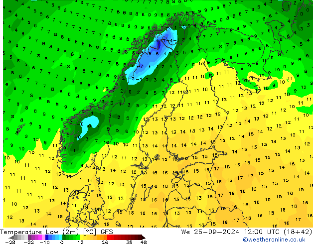 Min. Temperatura (2m) GFS śro. 25.09.2024 12 UTC