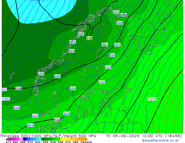 Dikte 500-1000hPa GFS do 26.09.2024 12 UTC