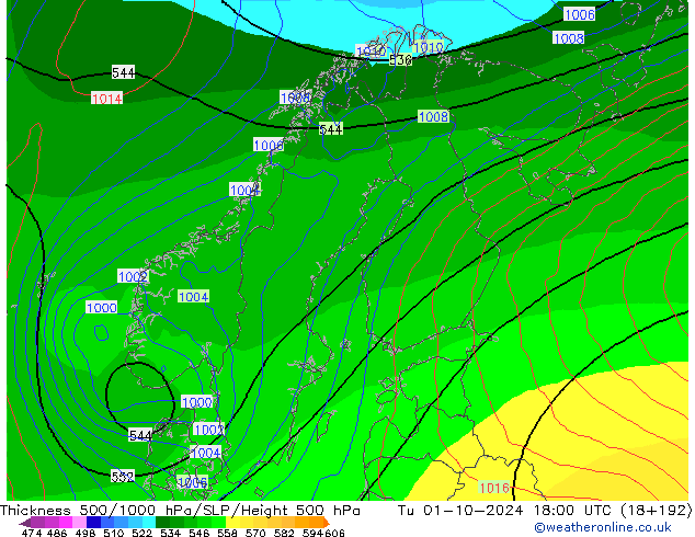 Thck 500-1000hPa GFS wto. 01.10.2024 18 UTC