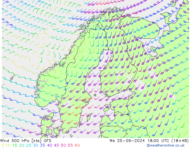 Viento 500 hPa GFS mié 25.09.2024 18 UTC