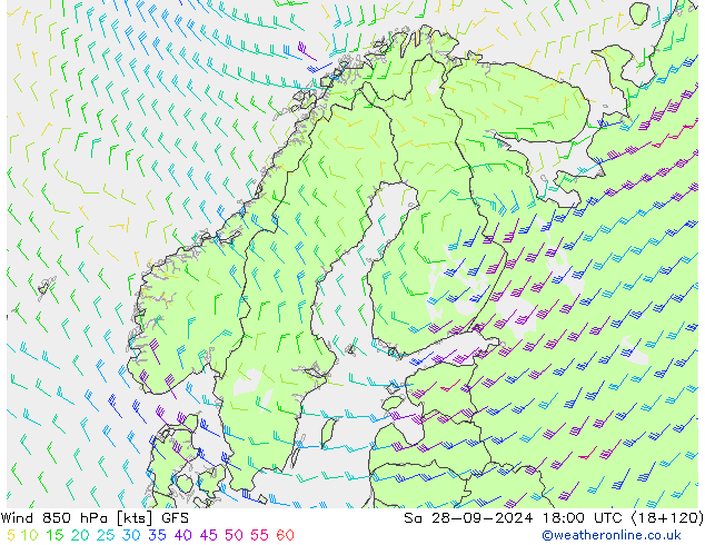 Wind 850 hPa GFS Sa 28.09.2024 18 UTC