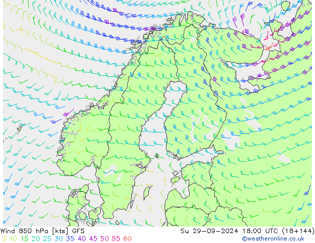 Wind 850 hPa GFS Su 29.09.2024 18 UTC