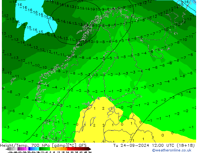 Height/Temp. 700 hPa GFS wto. 24.09.2024 12 UTC