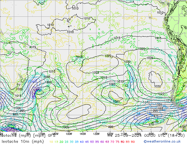 Isotachs (mph) GFS We 25.09.2024 00 UTC