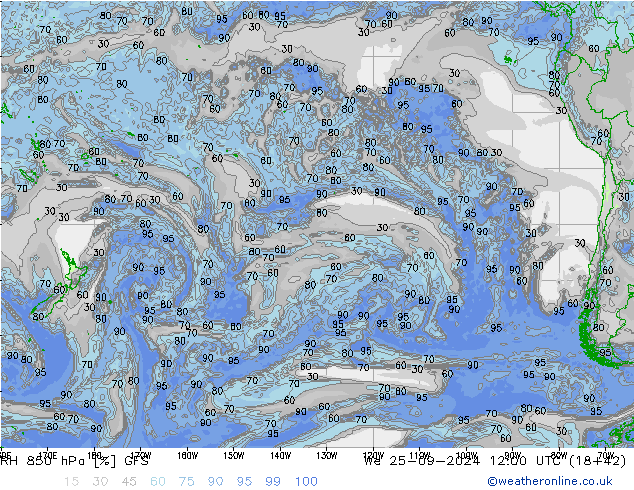 Humidité rel. 850 hPa GFS mer 25.09.2024 12 UTC