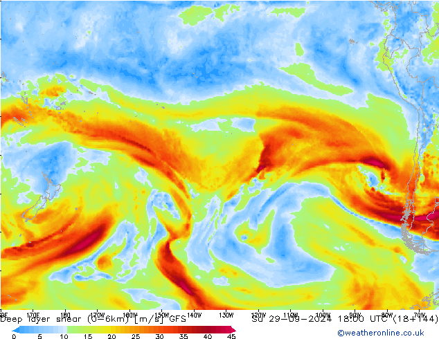 Deep layer shear (0-6km) GFS Su 29.09.2024 18 UTC